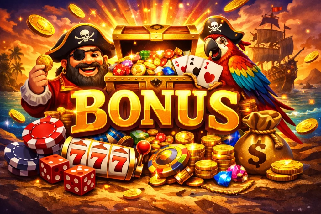 Fat Pirate Casino bonus banner with pirate treasure chest, gold coins, slot machine and bright golden BONUS