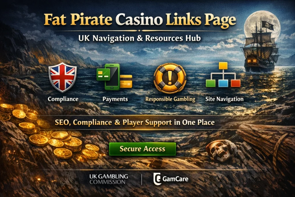 Fat Pirate Casino Links page banner featuring UK navigation hub, compliance resources, payments, responsible gambling icons and Secure Access button in pirate-themed design