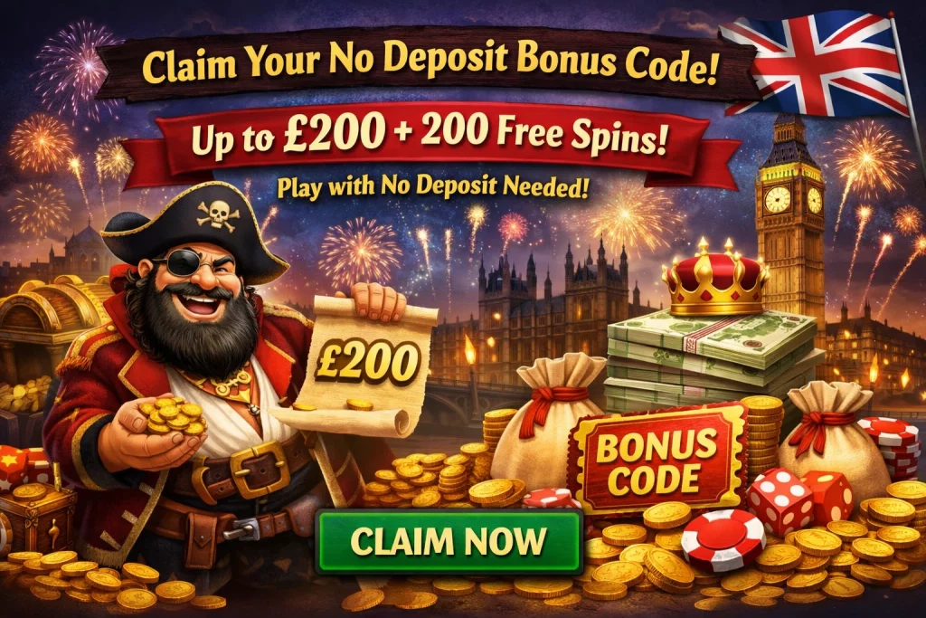 Fat Pirate Casino UK no deposit bonus banner featuring pirate theme, up to £200 bonus and 200 free spins offer with London skyline background
