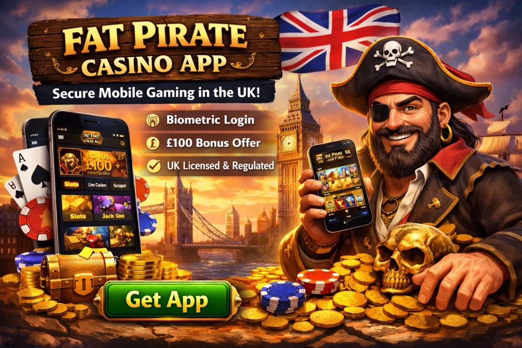 Fat Pirate Casino App UK promotional banner with pirate character holding smartphone, mobile casino interface, UK landmarks background and Get App button
