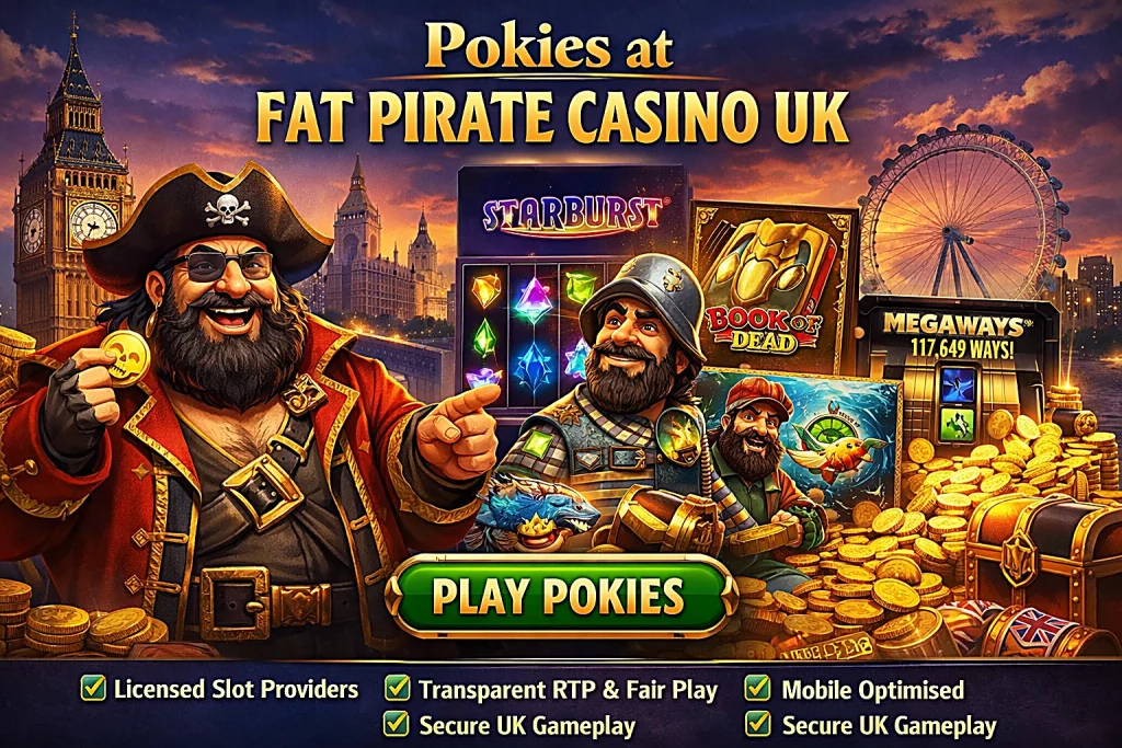 Fat Pirate Casino Pokies UK banner with pirate character, popular slot games like Starburst and Book of Dead, London skyline background and Play Pokies button