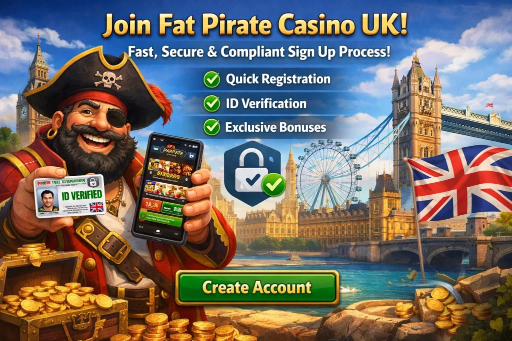 Fat Pirate Casino UK sign up banner with pirate character holding smartphone and verified ID, London landmarks background and Create Account button