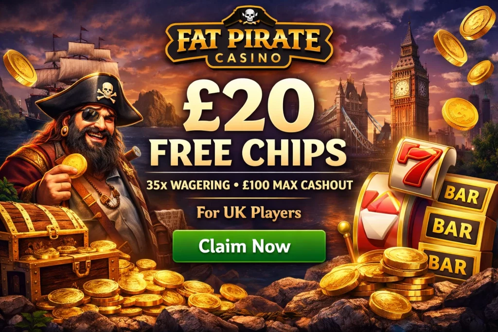 Fat Pirate Casino £20 free chips banner with 35x wagering and £100 max cashout for UK players