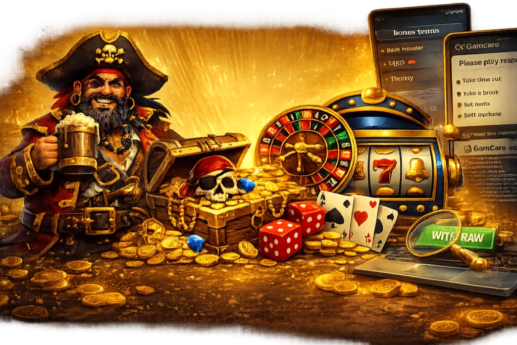 Fat Pirate Casino Sign Up Bonus banner with pirate, treasure chest, roulette wheel, slot machine and gold coins in vibrant gold tones