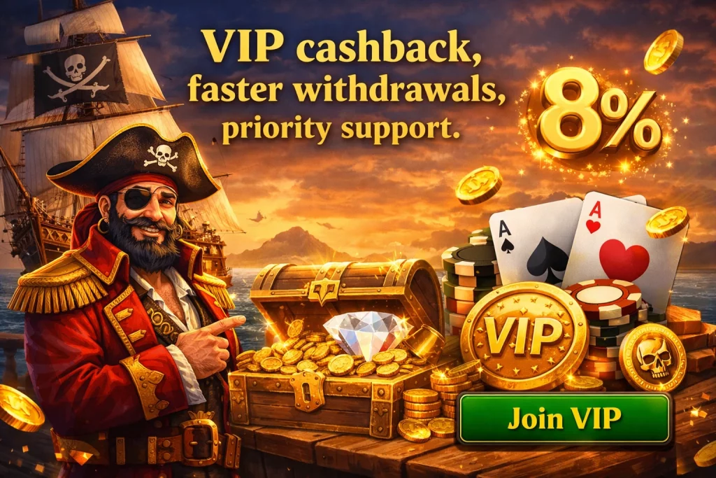 Fat Pirate Casino VIP program banner with pirate captain, gold coins, treasure chest and 8% cashback highlight for UK players