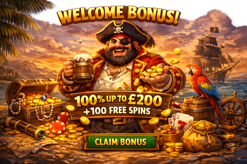 Fat Pirate Casino Welcome Bonus banner showing pirate with treasure chest, 100% up to £200 deposit match plus 100 free spins, and claim bonus button on seaside background.