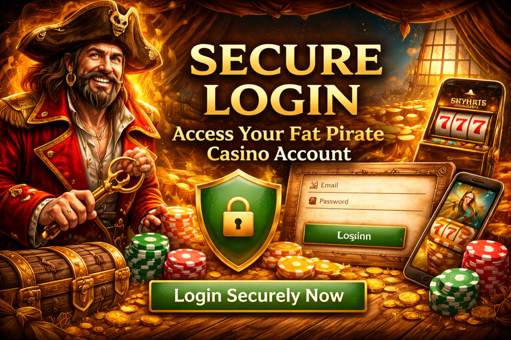Fat Pirate Casino secure login banner featuring pirate captain, treasure chest, slot machine and protected account sign-in interface