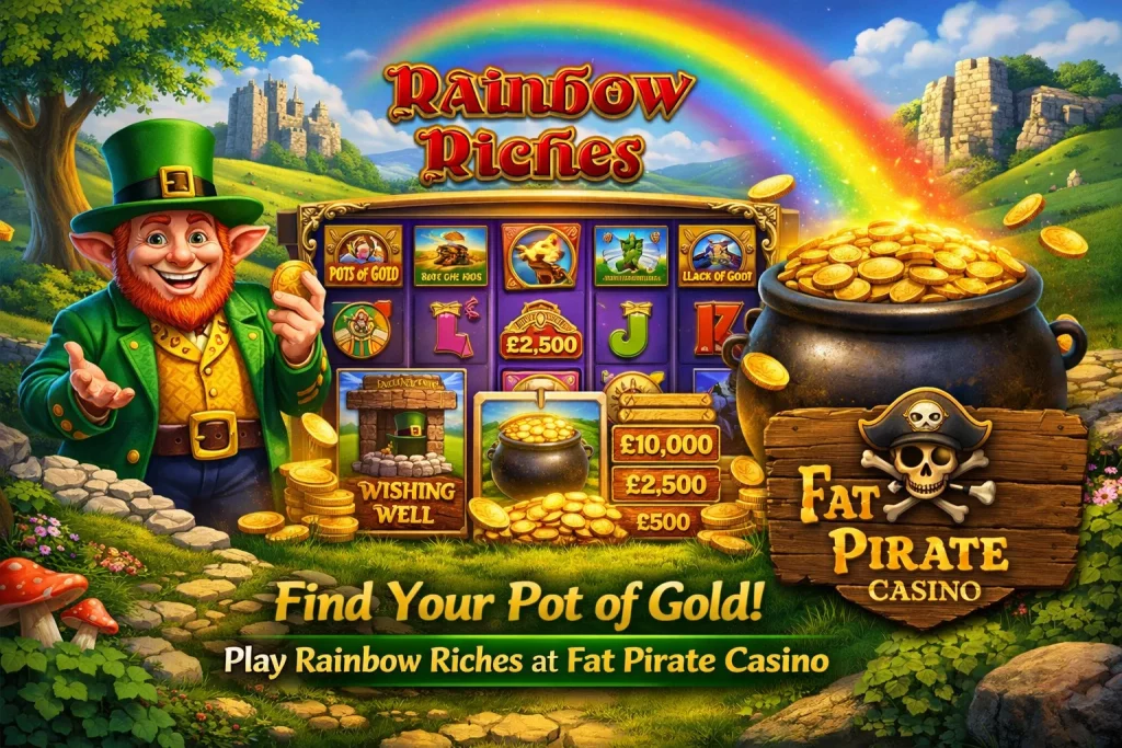 Promotional banner for Rainbow Riches slot at Fat Pirate Casino featuring a leprechaun, pot of gold, rainbow, coins, and Irish-themed slot symbols for UK players.