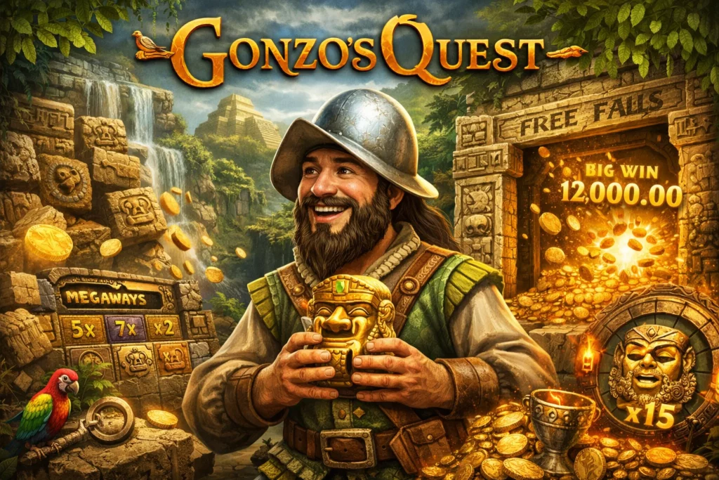Wide landscape illustration of Gonzo from Gonzo's Quest standing in front of a golden ancient city with cascading slot symbols, sparkling coins, and adventure-themed elements, representing the Free Falls bonus and Avalanche multipliers.