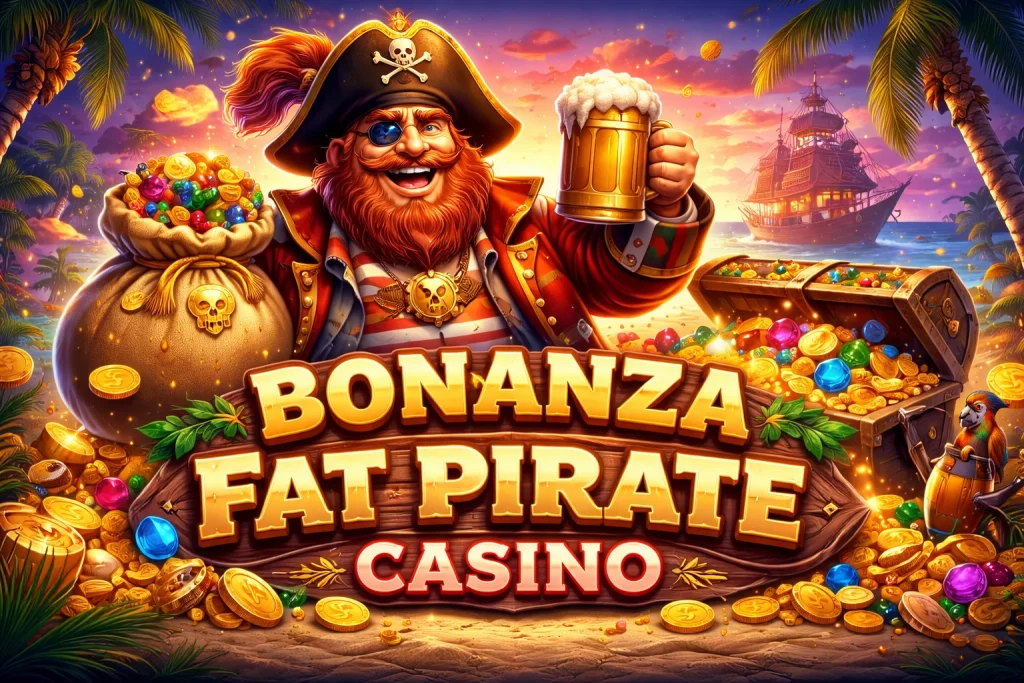 Bonanza Fat Pirate Casino banner featuring a pirate treasure theme with gold coins, a treasure chest, pirate ship, and Bonanza-style slot elements in a vibrant casino setting.