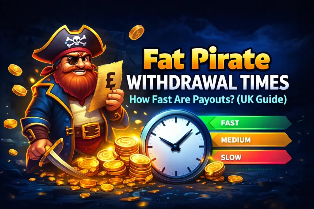 Fat Pirate Casino withdrawal times illustration showing pirate character, payout speed levels, and clock representing fast, medium, and slow withdrawals for UK players