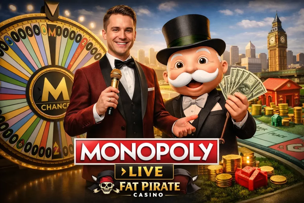 Monopoly Live game show with presenter and Mr Monopoly character, bonus wheel and casino elements at Fat Pirate Casino