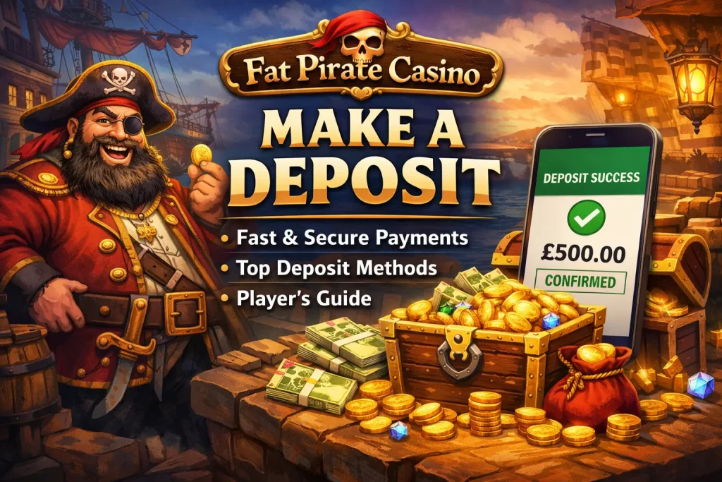 Pirate-themed illustration of Fat Pirate Casino deposit process with treasure chest, gold coins, cash stacks, and mobile phone showing successful deposit confirmation representing fast and secure payments