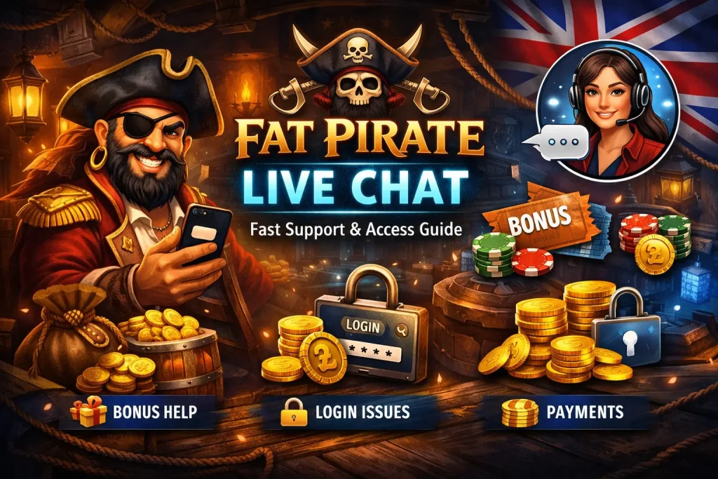 Fat Pirate Live Chat support concept with pirate-themed interface and online customer assistance on dark background