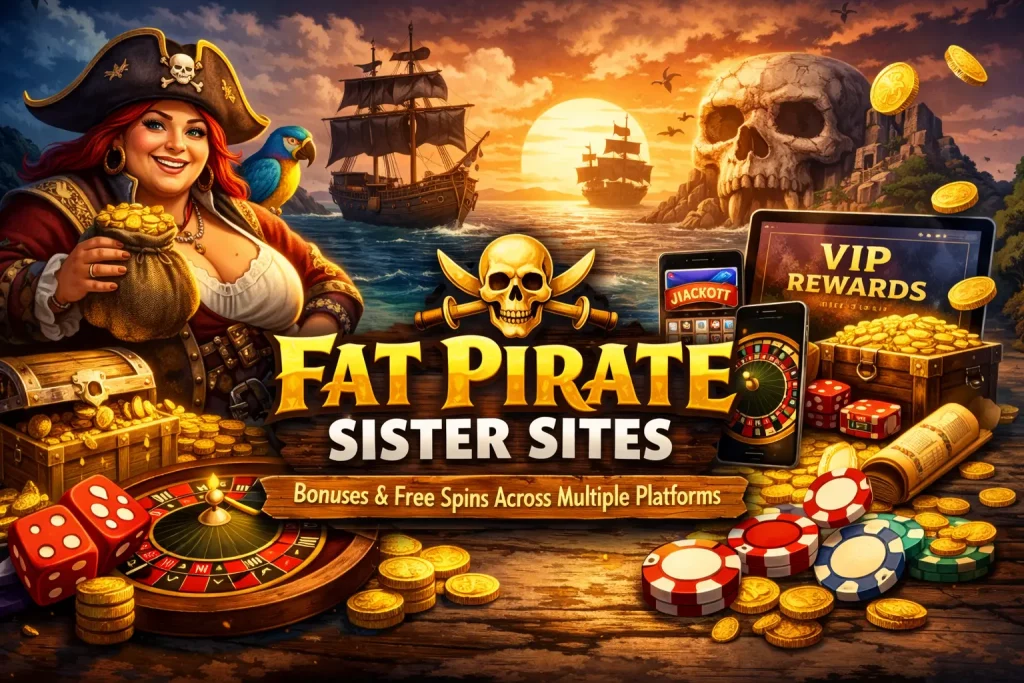 Fat Pirate sister sites banner with pirate theme, multiple casino platforms, gold coins and rewards elements on a dark background