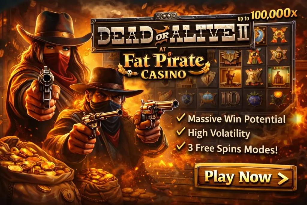 Landscape promotional banner for Dead or Alive 2 at Fat Pirate Casino featuring a Wild West scene, outlaw characters, slot symbols, and a dramatic high-volatility casino theme.