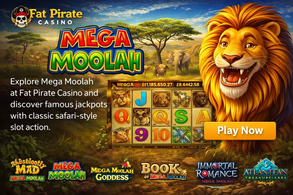 Mega Moolah banner for Fat Pirate Casino with a lion, safari slot reels, jackpot visuals, and a bright progressive jackpot theme.