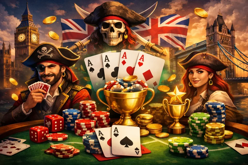 Pirate-themed poker table with cards, chips, and UK landmarks representing online poker at Fat Pirate Casino.
