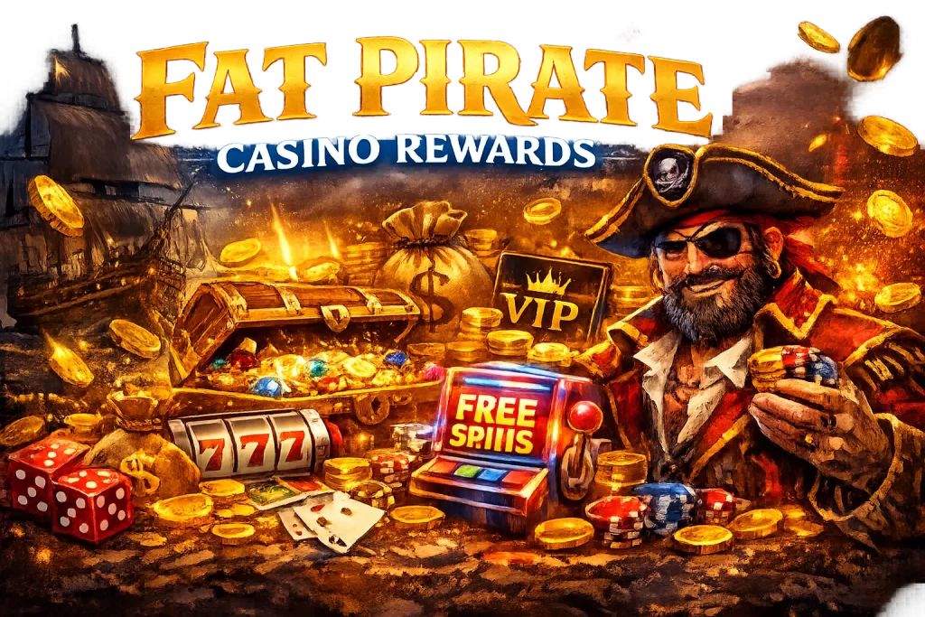Fat Pirate Casino Rewards Banner mit Pirat, Schatztruhe, Goldmünzen und Spielautomaten sowie Bonus- und Freispiele-Angeboten für UK-Spieler