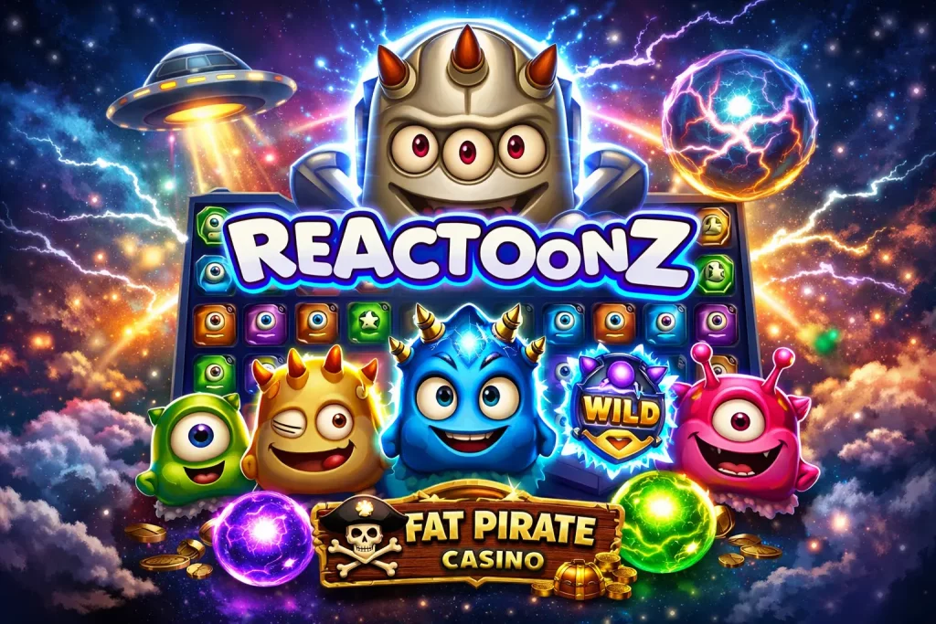 Reactoonz banner for Fat Pirate Casino with colorful alien characters, glowing symbols, and bright sci-fi grid slot visuals.