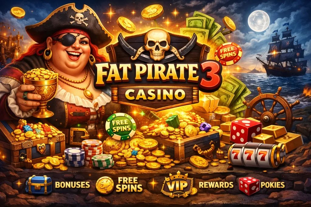 Fat Pirate 3 Casino banner with pirate theme, gold coins, treasure chest, slot elements and glowing rewards on a dark background