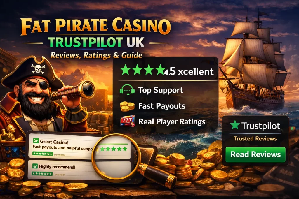 Fat Pirate Casino Trustpilot UK banner with pirate character, review ratings, star score, coins, ship, and casino elements showing user feedback and payouts