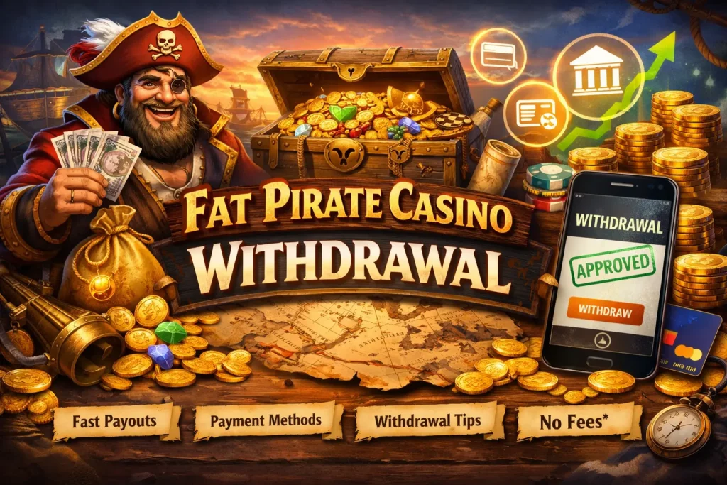 Pirate-themed illustration showing Fat Pirate Casino withdrawal concept with treasure chest, gold coins, cash payout, and mobile withdrawal approval interface representing fast and secure payouts