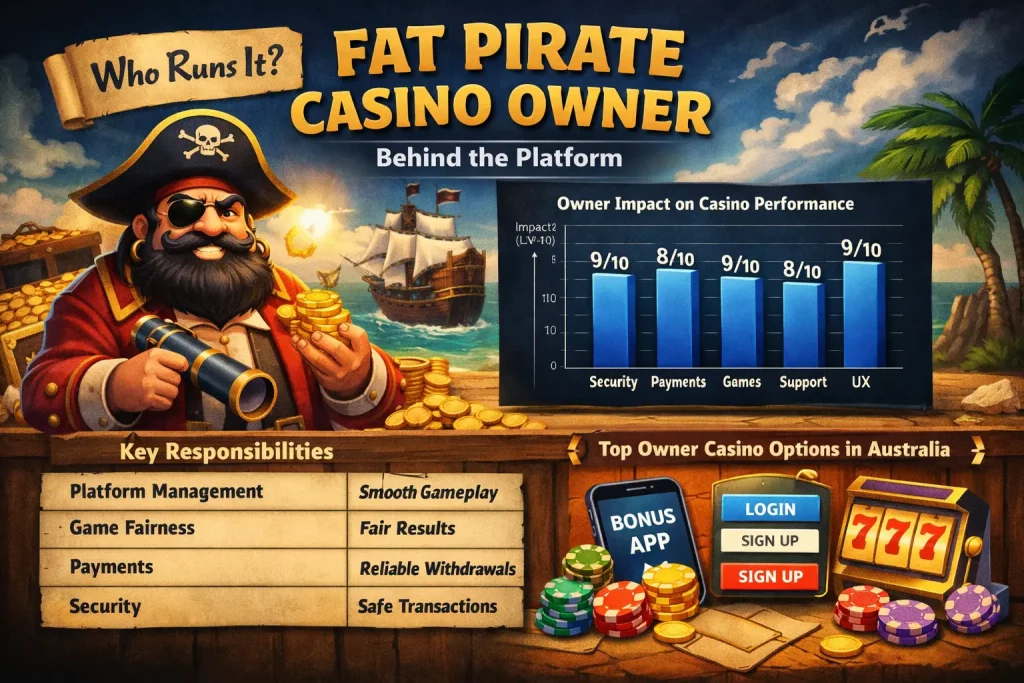 Fat Pirate Casino owner banner showing pirate character, casino chips, slot machine and owner impact chart for Australian players