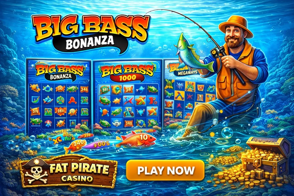 Big Bass Bonanza banner for Fat Pirate Casino with a fisherman, colorful fish, underwater slot reels, treasure chest, and bright fishing-themed casino visuals.