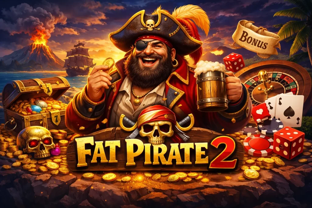 Fat Pirate 2 casino gameplay concept with pirate character, online games interface and dark themed background