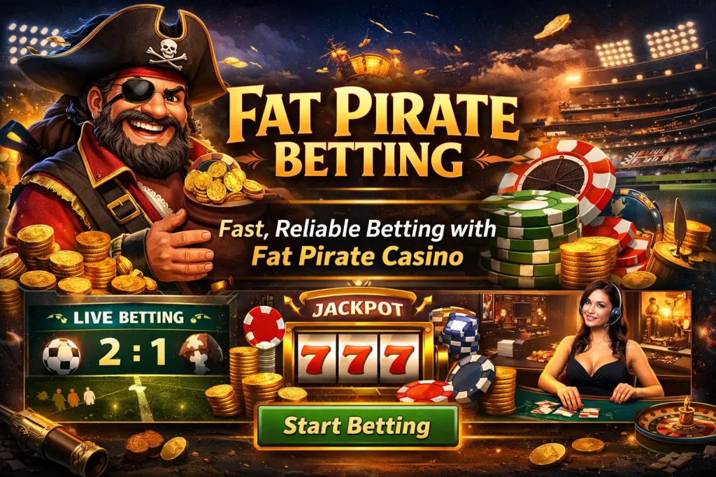 Fat Pirate Betting banner with pirate character, casino chips, jackpot slot machine, live betting elements, and online casino interface
