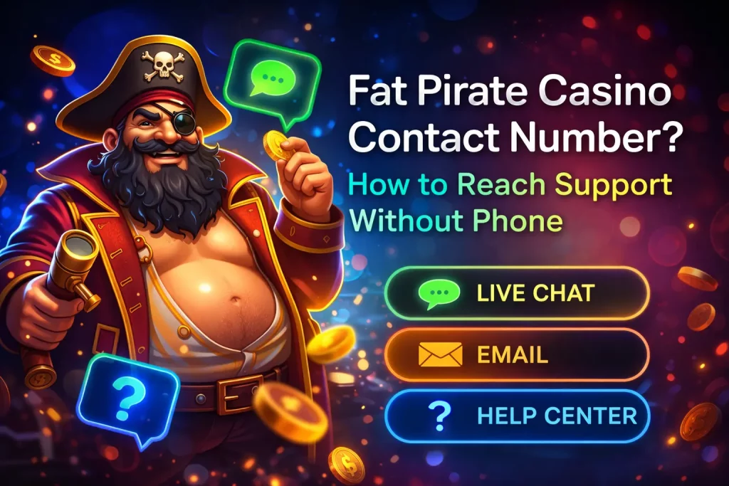 Fat Pirate Casino contact support illustration with pirate character and icons for live chat, email, and help center on a dark background