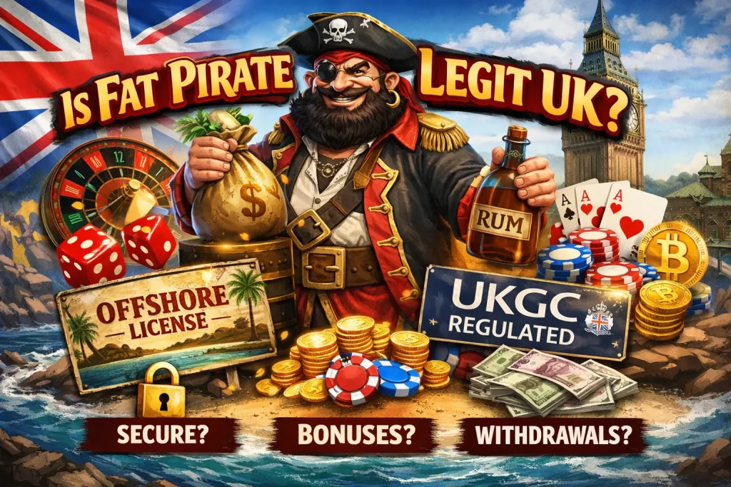 Fat Pirate Casino UK illustration showing pirate, UK flag, offshore license vs UKGC regulation, bonuses, security and withdrawals comparison