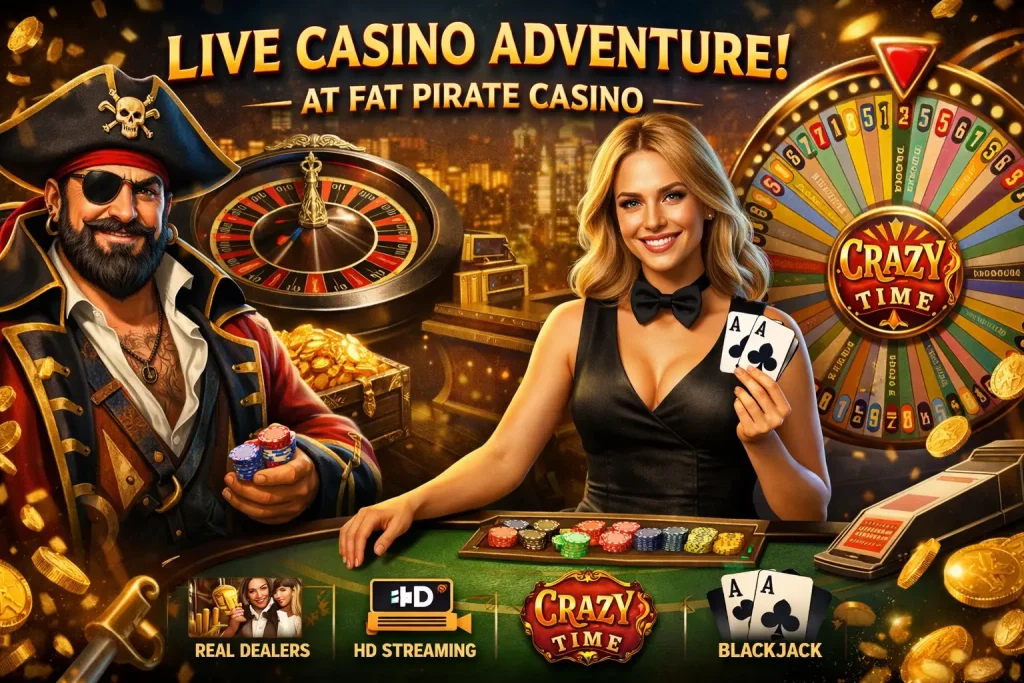 Fat Pirate Casino live casino scene with a professional dealer, roulette wheel, and players joining live tables online.