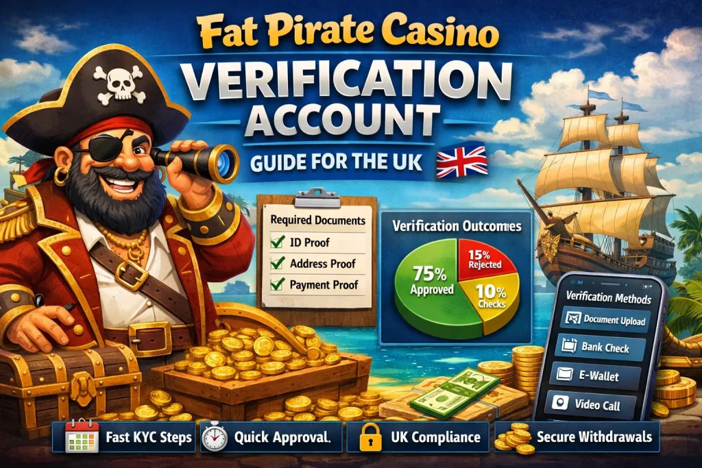 Fat Pirate Casino verification guide illustration with pirate character, required documents checklist, approval chart, and UK account verification process visualized