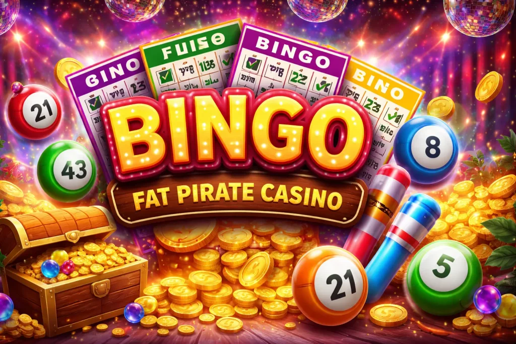 Colorful online bingo banner with bingo cards, numbered balls, gold coins, and treasure chest promoting bingo games at Fat Pirate Casino.