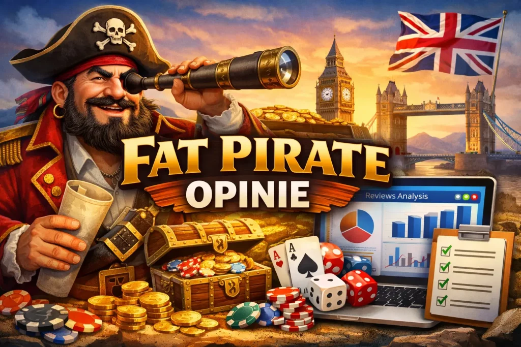 Fat Pirate Casino reviews concept with UK players, payment icons, casino games and user feedback analysis illustration