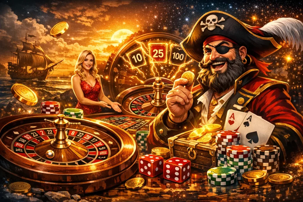 Landscape roulette banner for Fat Pirate Casino featuring a pirate captain, a casino dealer, spinning roulette wheels, poker chips, gold coins, and a dramatic treasure-themed background.