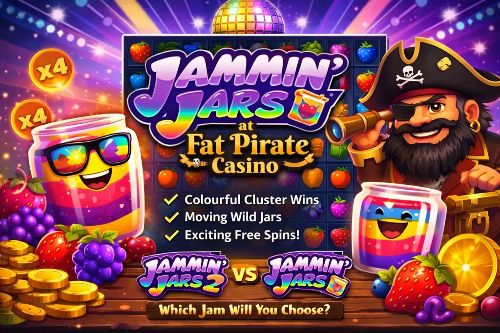 Colourful Jammin’ Jars promotional banner for Fat Pirate Casino featuring cartoon jam jars, a pirate character, fruit symbols, multipliers, and free spins highlights.