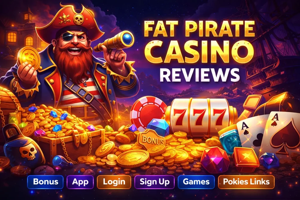 Fat Pirate Casino reviews banner with pirate character, treasure, slot machine and casino games for Australian players