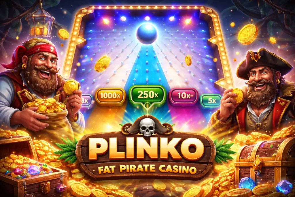 Plinko game banner with pirate theme, glowing Plinko board, multiplier slots, gold coins, and treasure chests promoting Plinko at Fat Pirate Casino.