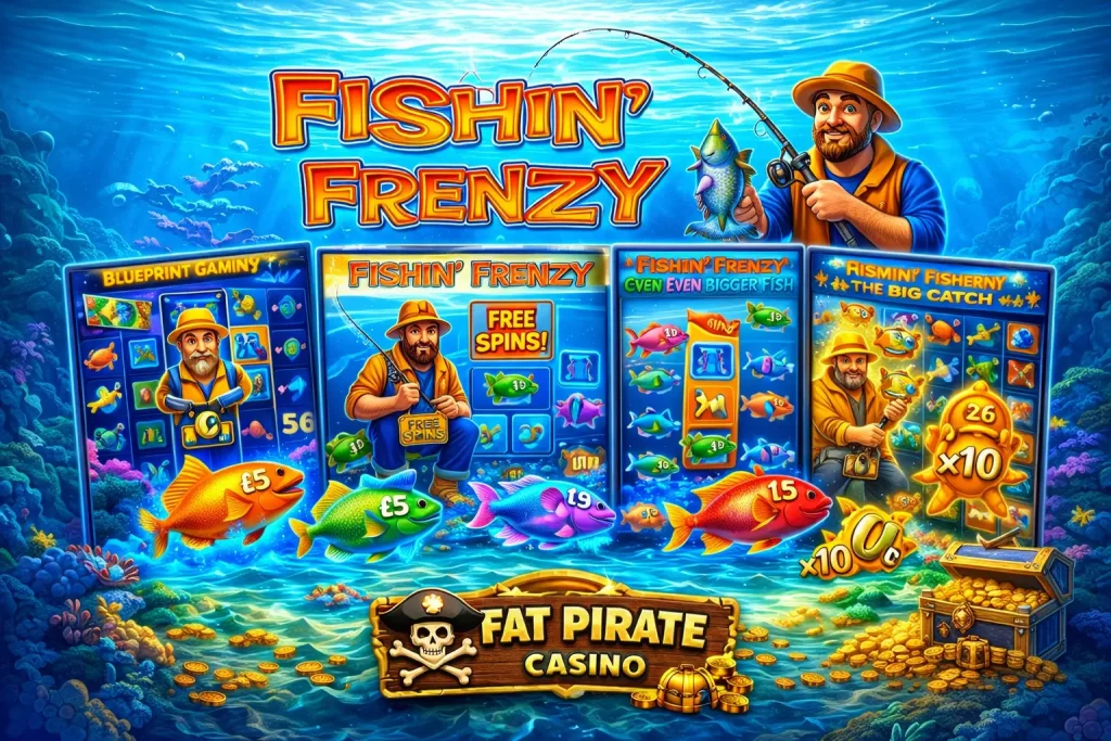 Fishin Frenzy banner for Fat Pirate Casino with an underwater fishing slot theme, colorful fish, reels, treasure, and a fisherman collecting prize fish.