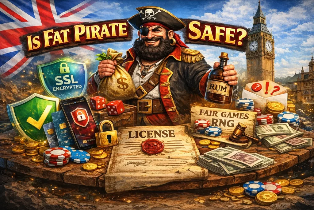 Is Fat Pirate Casino safe illustration with pirate, UK flag, SSL security, license, RNG games and safe payments for UK players