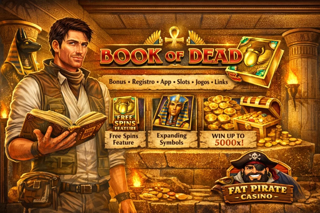 Book of Dead slot game banner with Rich Wilde explorer, Egyptian treasure, Free Spins feature and Fat Pirate Casino logo