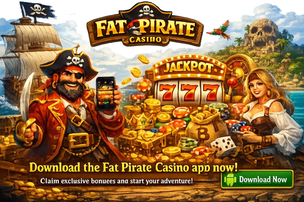 Fat Pirate Casino Android app advertisement featuring a pirate captain holding a smartphone, a slot machine displaying 'JACKPOT', and a pirate woman with poker chips, set against a tropical island backdrop.