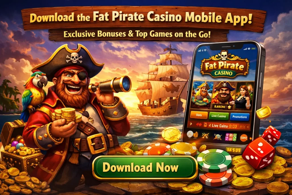 Fat Pirate Casino Mobile App advertisement featuring a pirate holding gold coins and a smartphone displaying the app's interface. The background showcases a pirate ship, treasure chest, and gold coins, with a call-to-action button saying 'Download Now'
