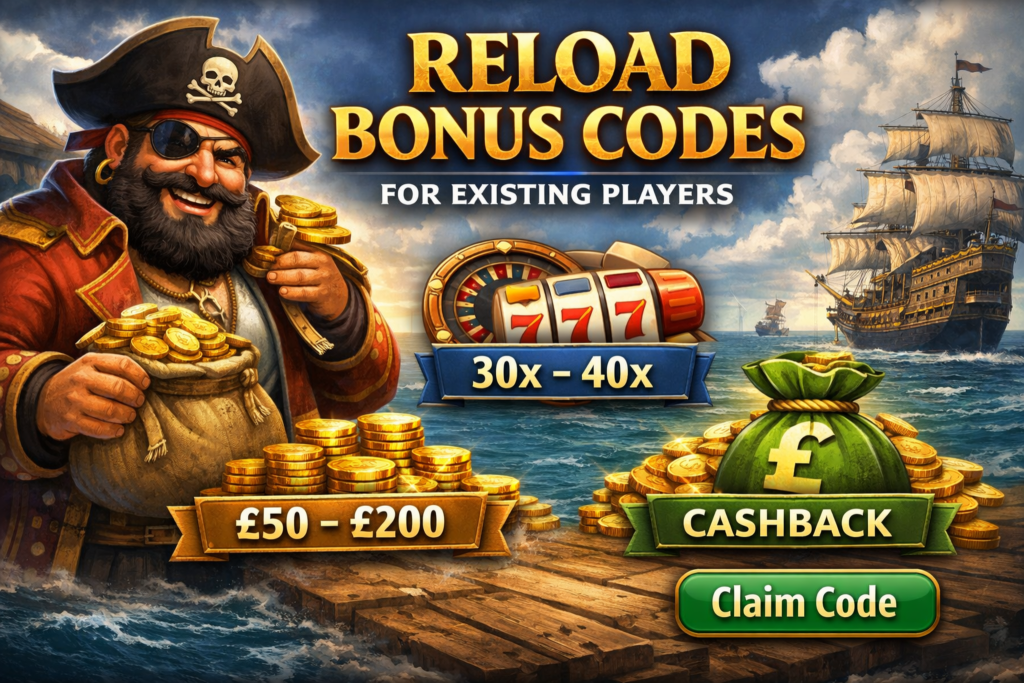 Fat Pirate Casino reload bonus codes banner with pirate, £50–£200 match, 30x–40x wagering and cashback offer