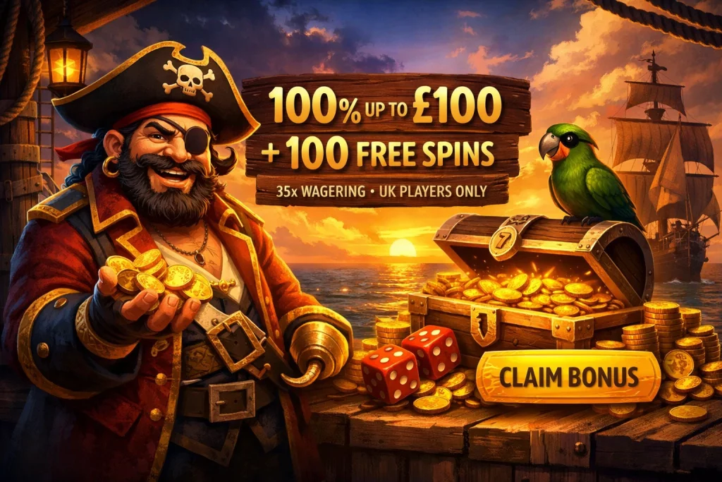 Fat Pirate Casino welcome offer banner with pirate, treasure chest and 100% up to £100 plus 100 free spins promotion for UK players