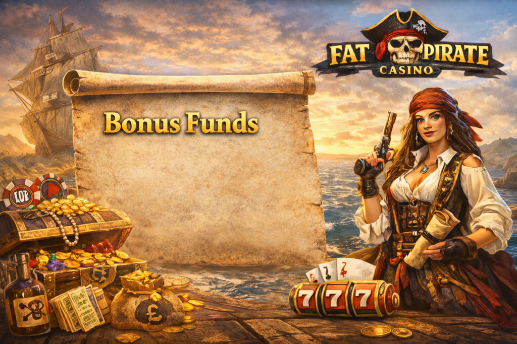 Fat Pirate Casino bonus funds banner featuring pirate theme, treasure chest with gold coins, slot 777 symbol and branded promotion layout in landscape format
