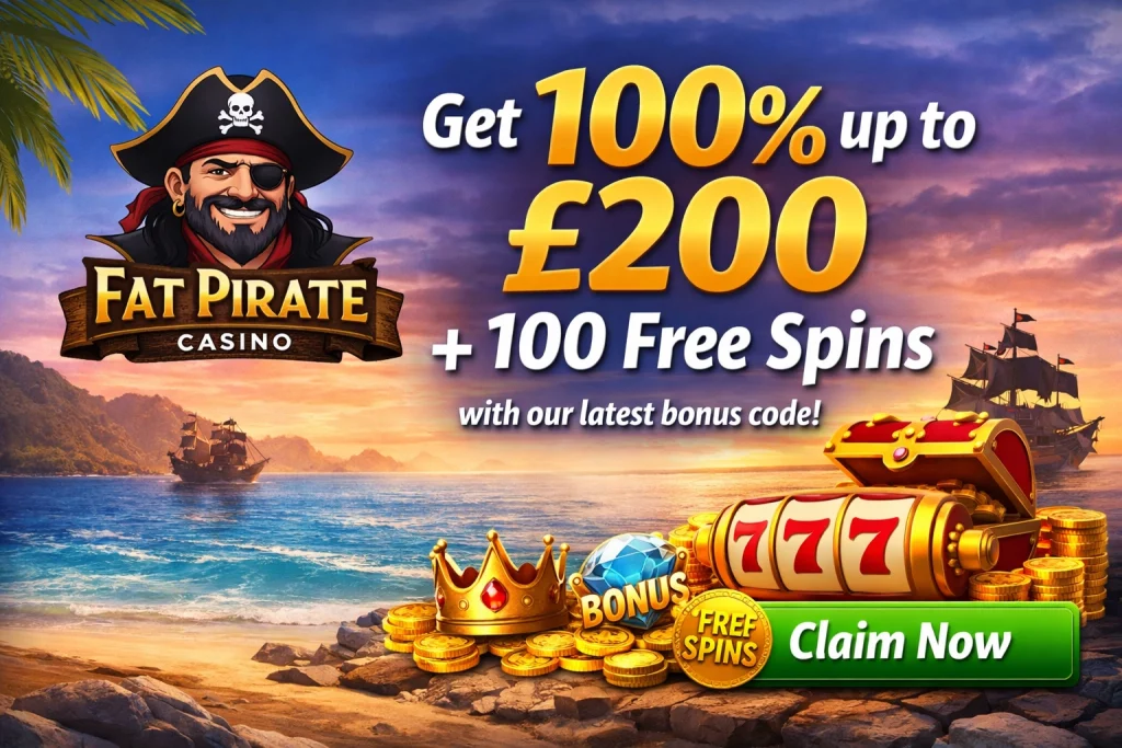 Fat Pirate Casino bonus code banner featuring 100% up to £200 and 100 free spins offer with pirate theme and treasure background